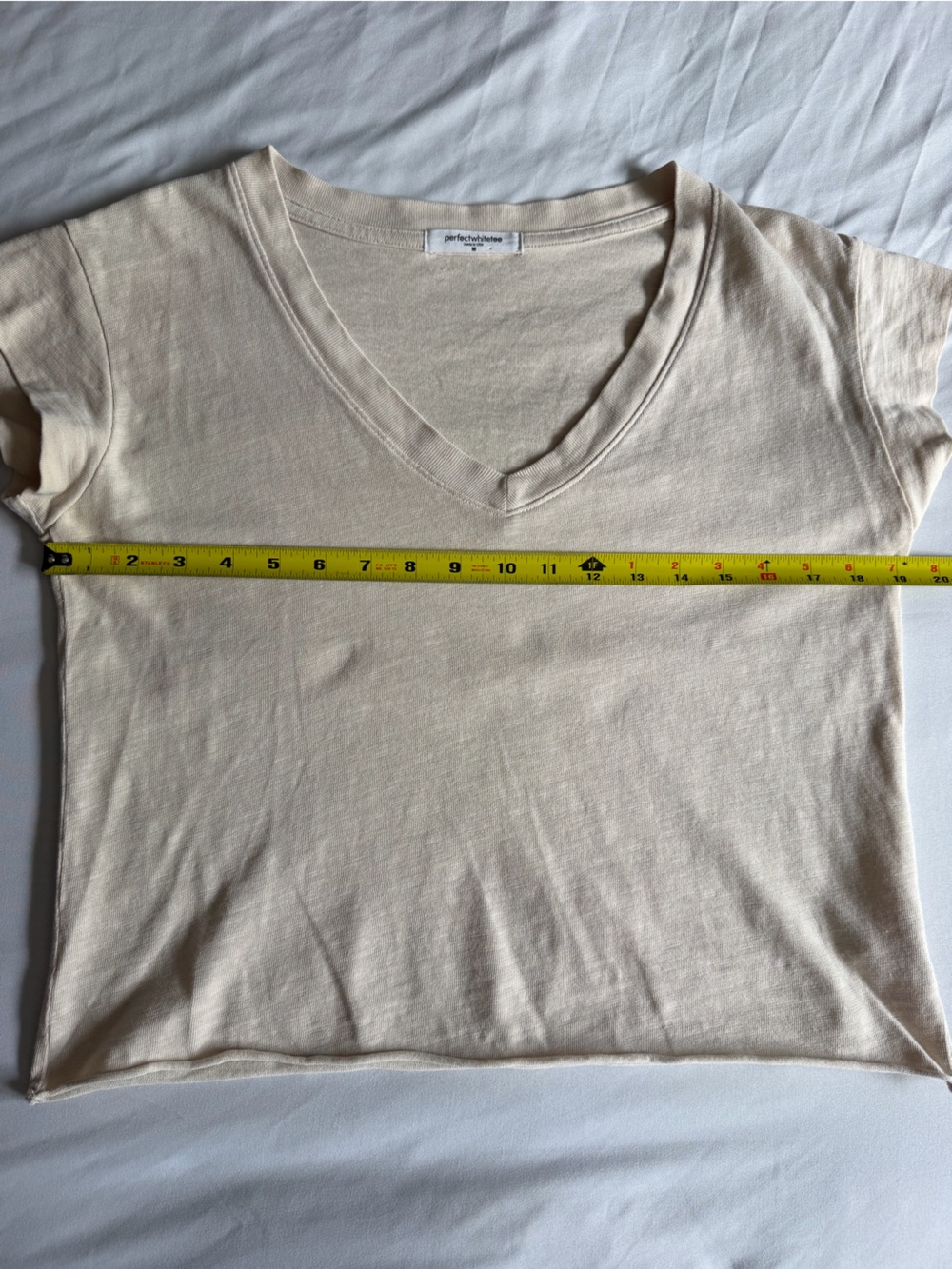 perfectwhitetee "Pearl" Cream 100% Cotton Cropped V-Neck Cap Short Sleeve Tee - Picture 14 of 15